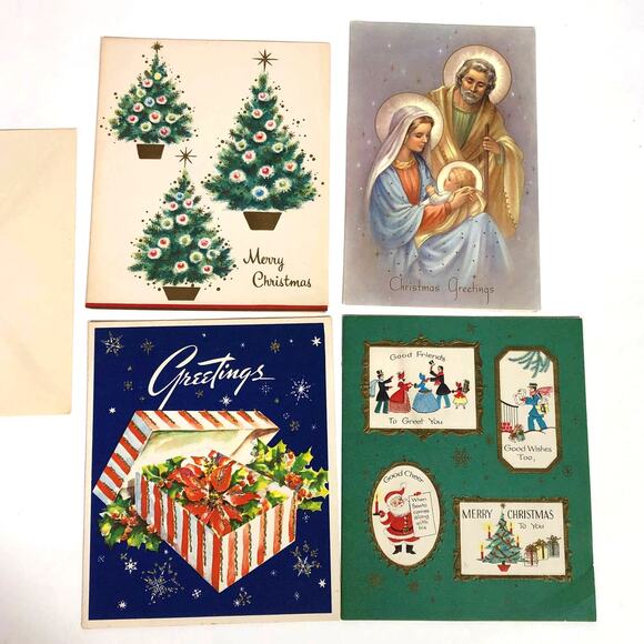 Vintage Christmas Cards Lot of 10 Gold Trees Puppy Religious Shabby Chic - Picture 11 of 14